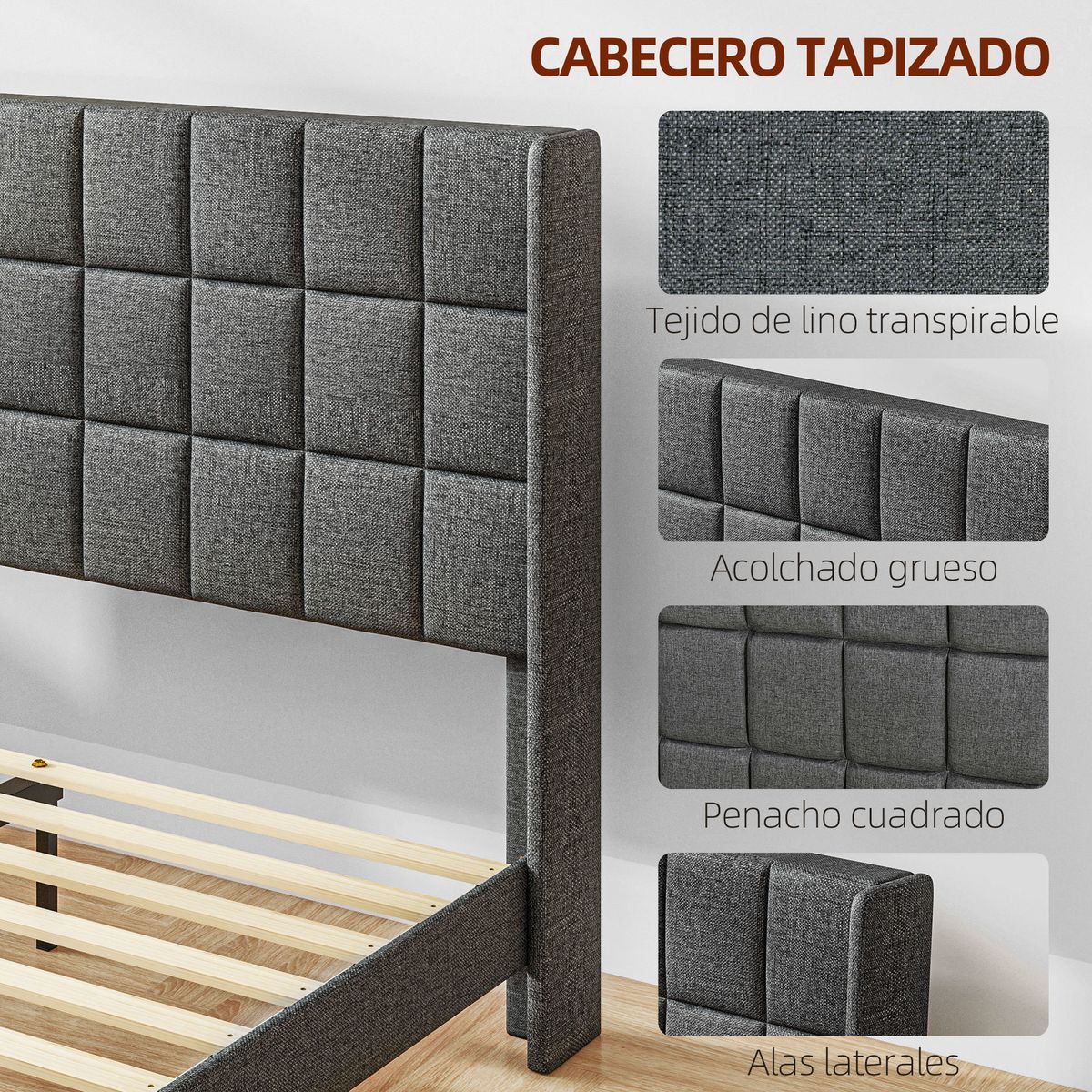 Estructura de cama Filo Homcom con cabecero gris 135x190 cm