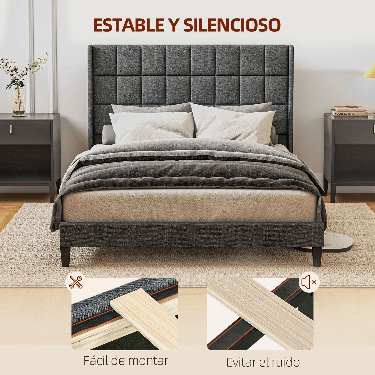 Estructura de cama Filo Homcom con cabecero gris 135x190 cm