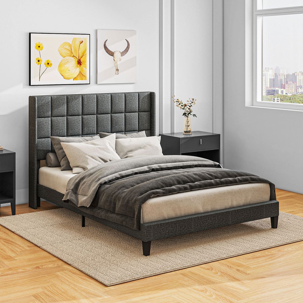 Estructura de cama Filo Homcom con cabecero gris 135x190 cm animada