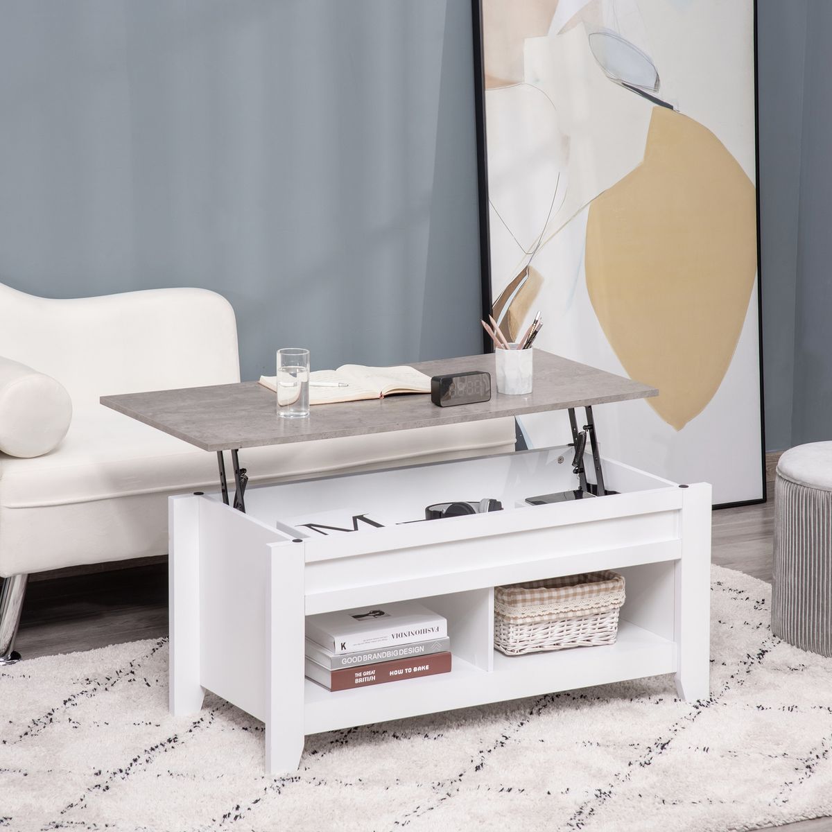 Mesa de centro elevable Homcom Zeus cajón + 2 compartimentos abiertos efecto mármol blanco 62,5x71x105 cm