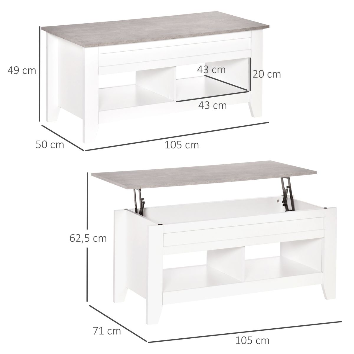 Mesa de centro elevable Homcom Zeus cajón + 2 compartimentos abiertos efecto mármol blanco 62,5x71x105 cm