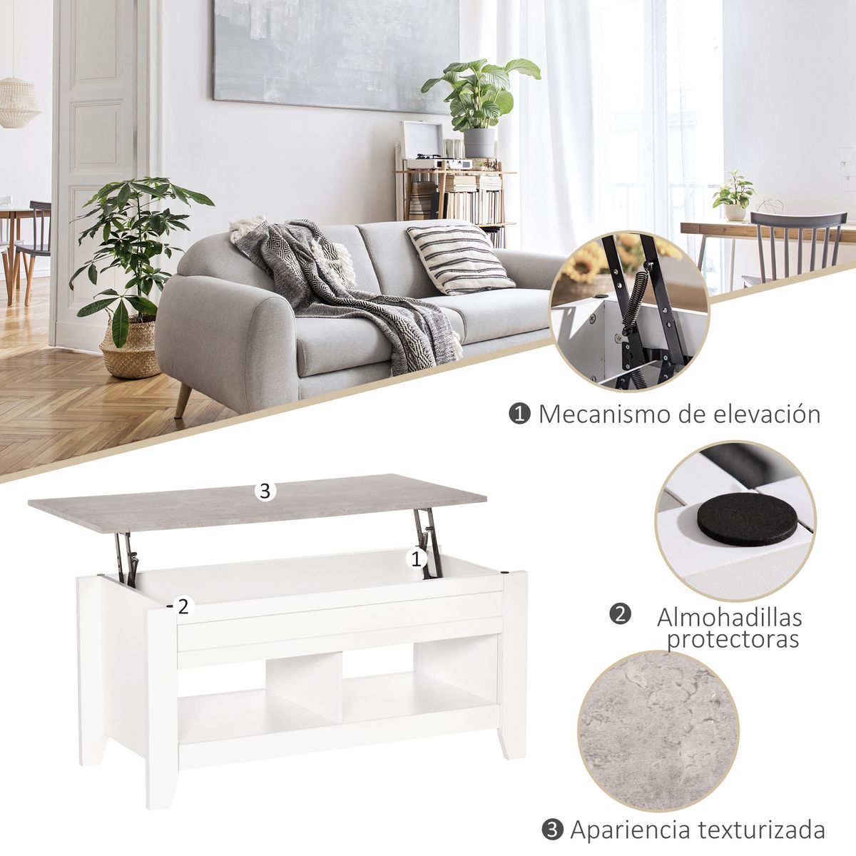 Mesa de centro elevable Homcom Zeus cajón + 2 compartimentos abiertos efecto mármol blanco 62,5x71x105 cm
