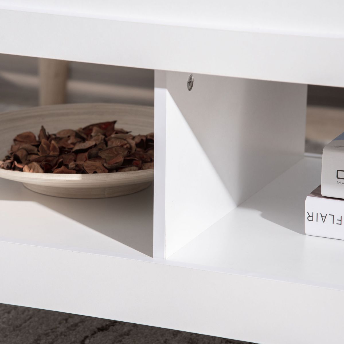Mesa de centro elevable Homcom Zeus cajón + 2 compartimentos abiertos efecto mármol blanco 62,5x71x105 cm