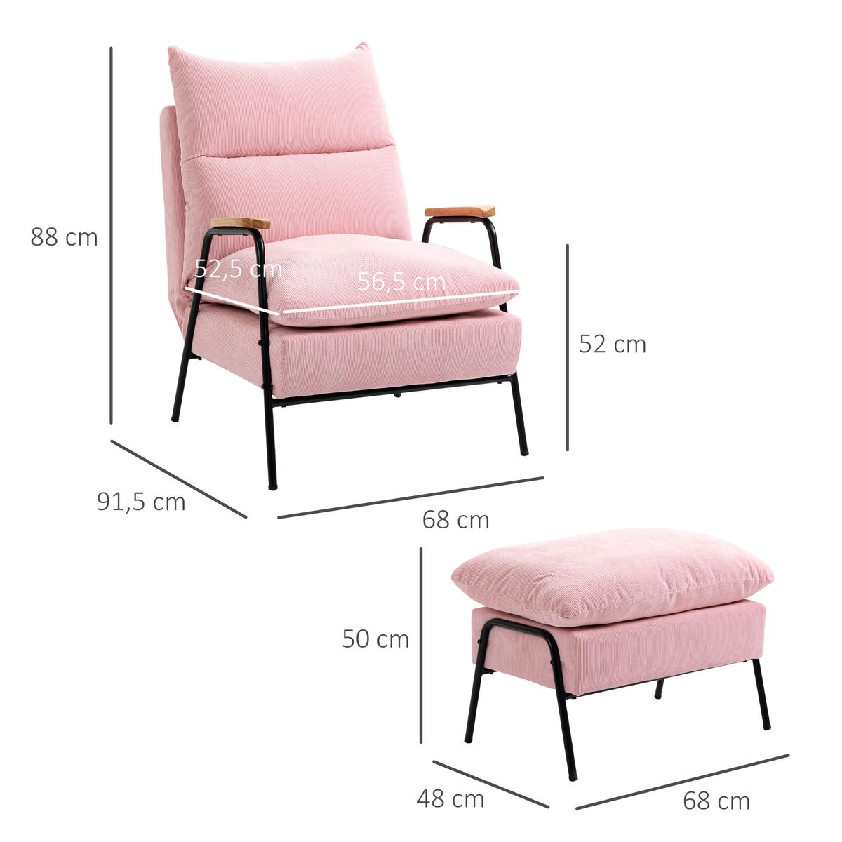 Sillón Neptuno Homcom reclinable + reposapiés rosa 88x91,5x68 cm