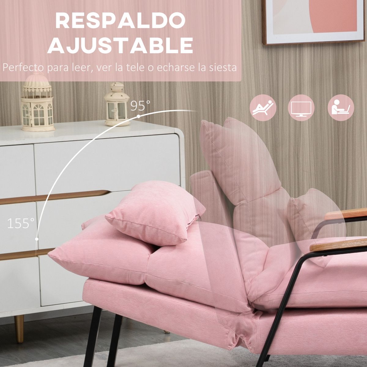Sillón Neptuno Homcom reclinable + reposapiés rosa 88x91,5x68 cm