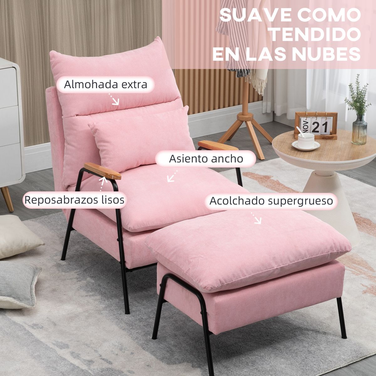 Sillón Neptuno Homcom reclinable + reposapiés rosa 88x91,5x68 cm