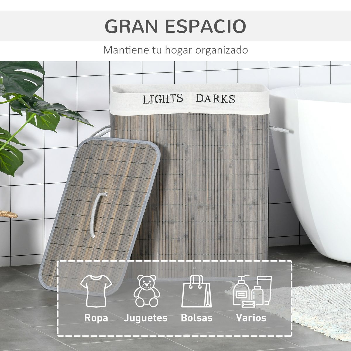 Cesto de ropa sucia Segura Homcom bambú 2 compartimentos y tapa gris 58x33x26 cm