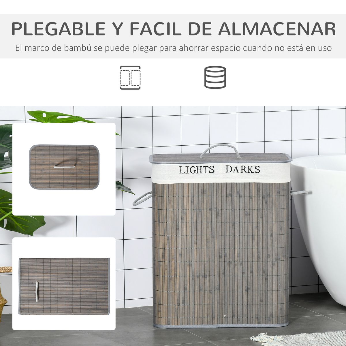 Cesto de ropa sucia Segura Homcom bambú 2 compartimentos y tapa gris 58x33x26 cm