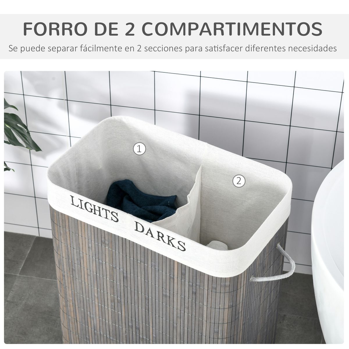 Cesto de ropa sucia Segura Homcom bambú 2 compartimentos y tapa gris 58x33x26 cm