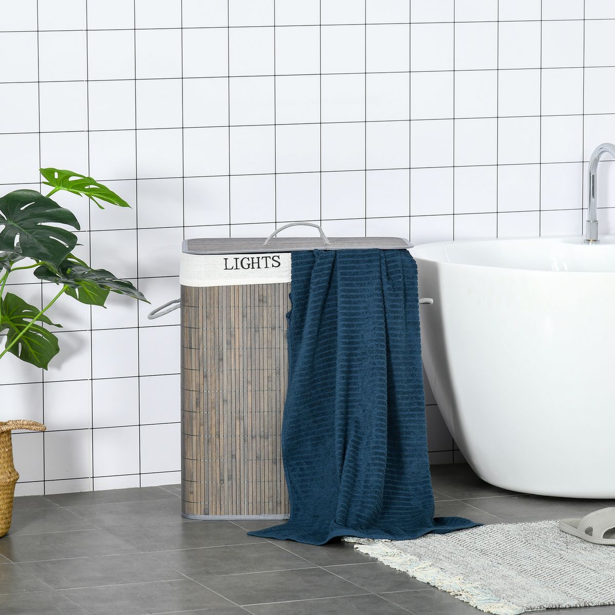 Cesto de ropa sucia Segura Homcom bambú 2 compartimentos y tapa gris 58x33x26 cm