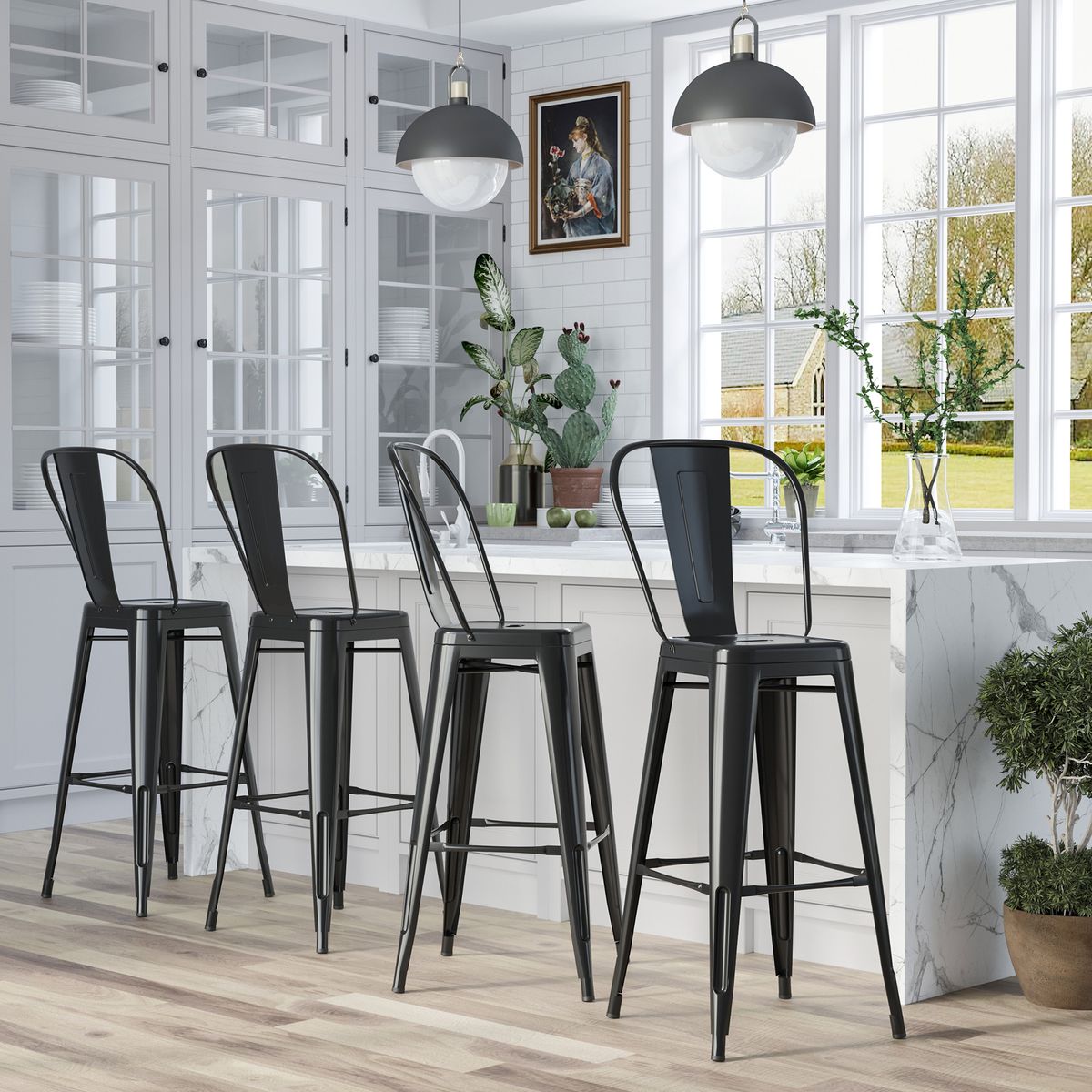 Pack de 4 taburetes Homcom Virgo con respaldo pintura anticorrosiva apilables negro 116x49x44 cm