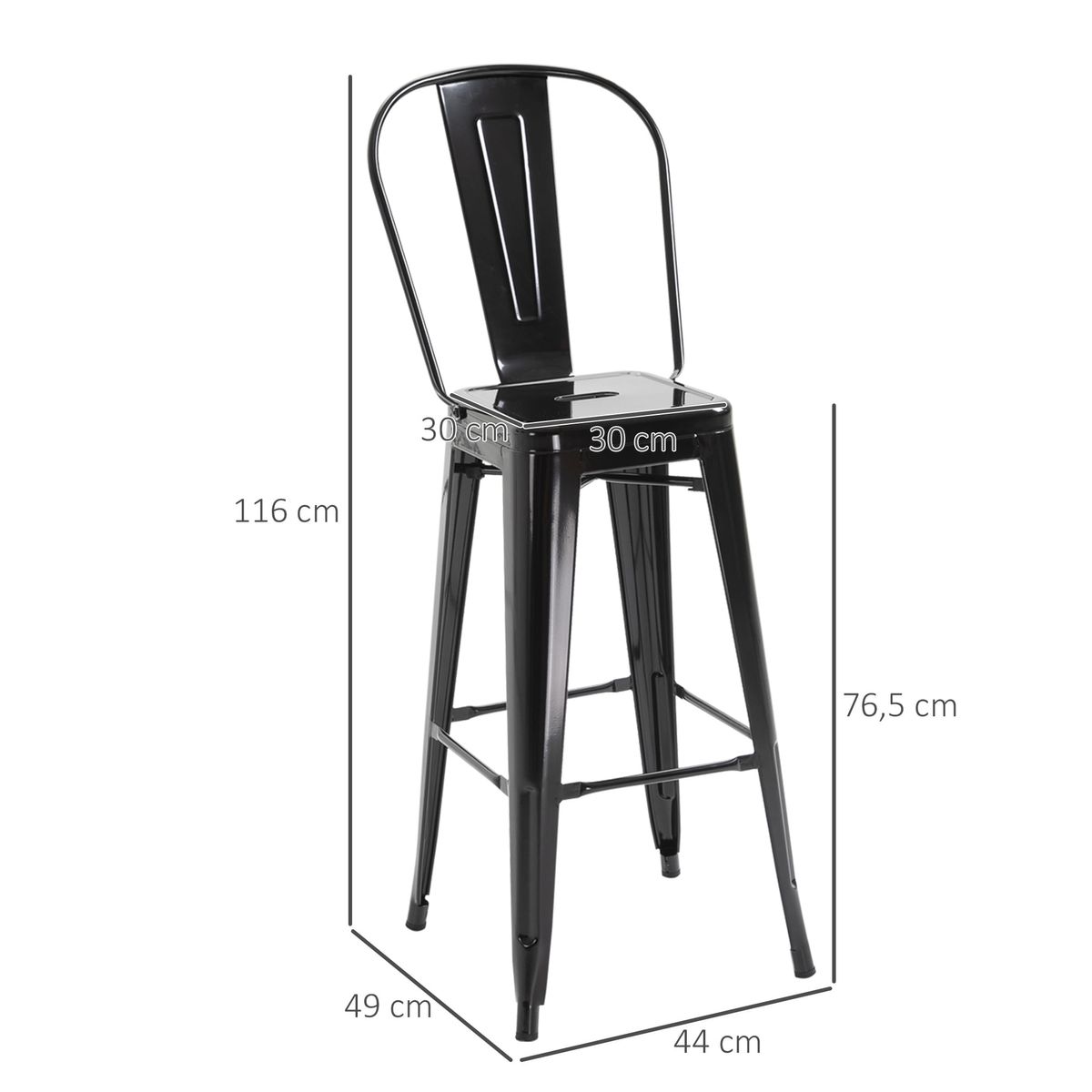 Pack de 4 taburetes Homcom Virgo con respaldo pintura anticorrosiva apilables negro 116x49x44 cm