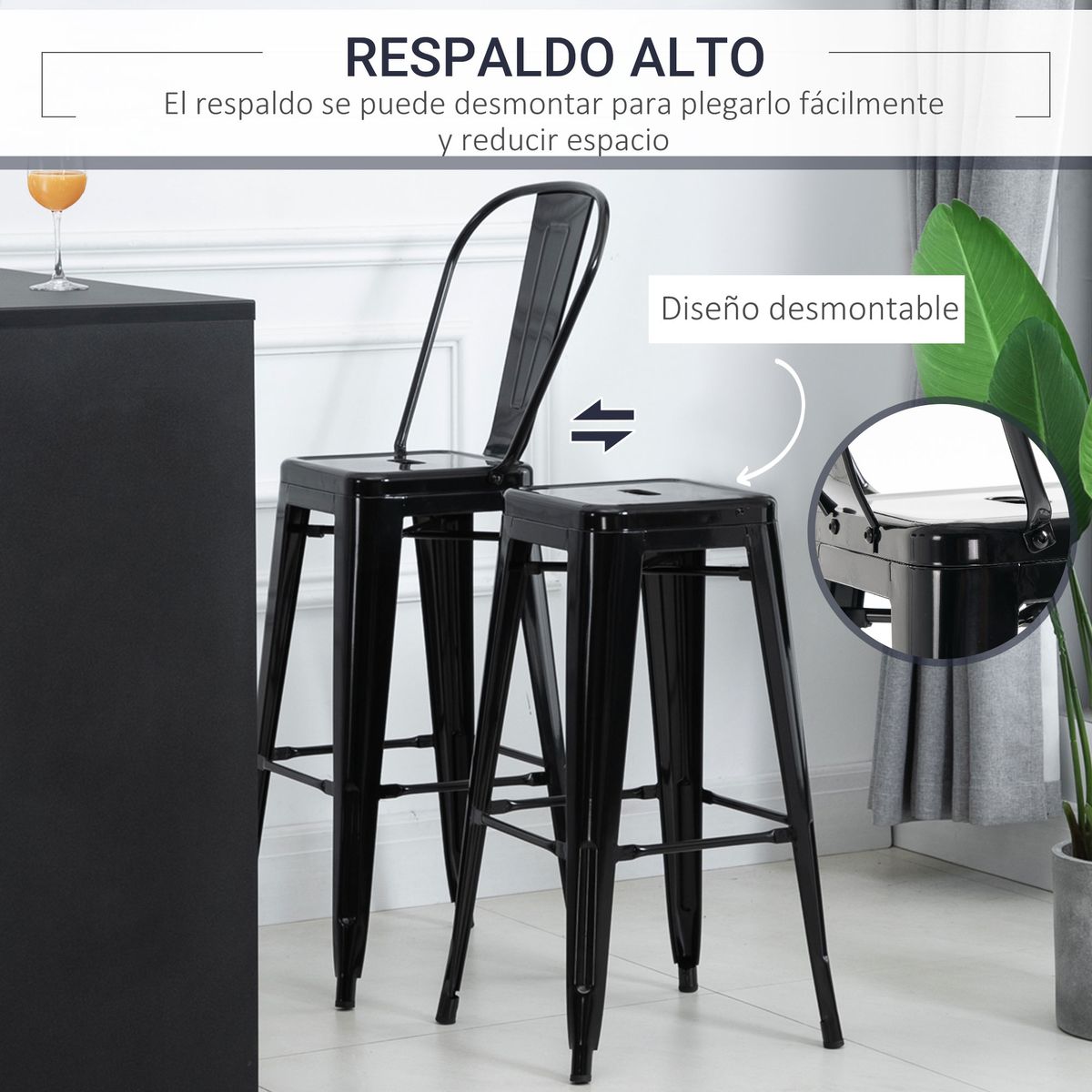 Pack de 4 taburetes Homcom Virgo con respaldo pintura anticorrosiva apilables negro 116x49x44 cm