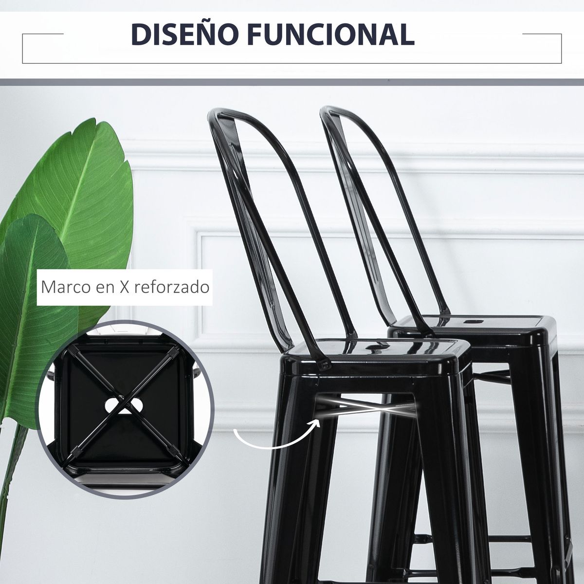 Pack de 4 taburetes Homcom Virgo con respaldo pintura anticorrosiva apilables negro 116x49x44 cm