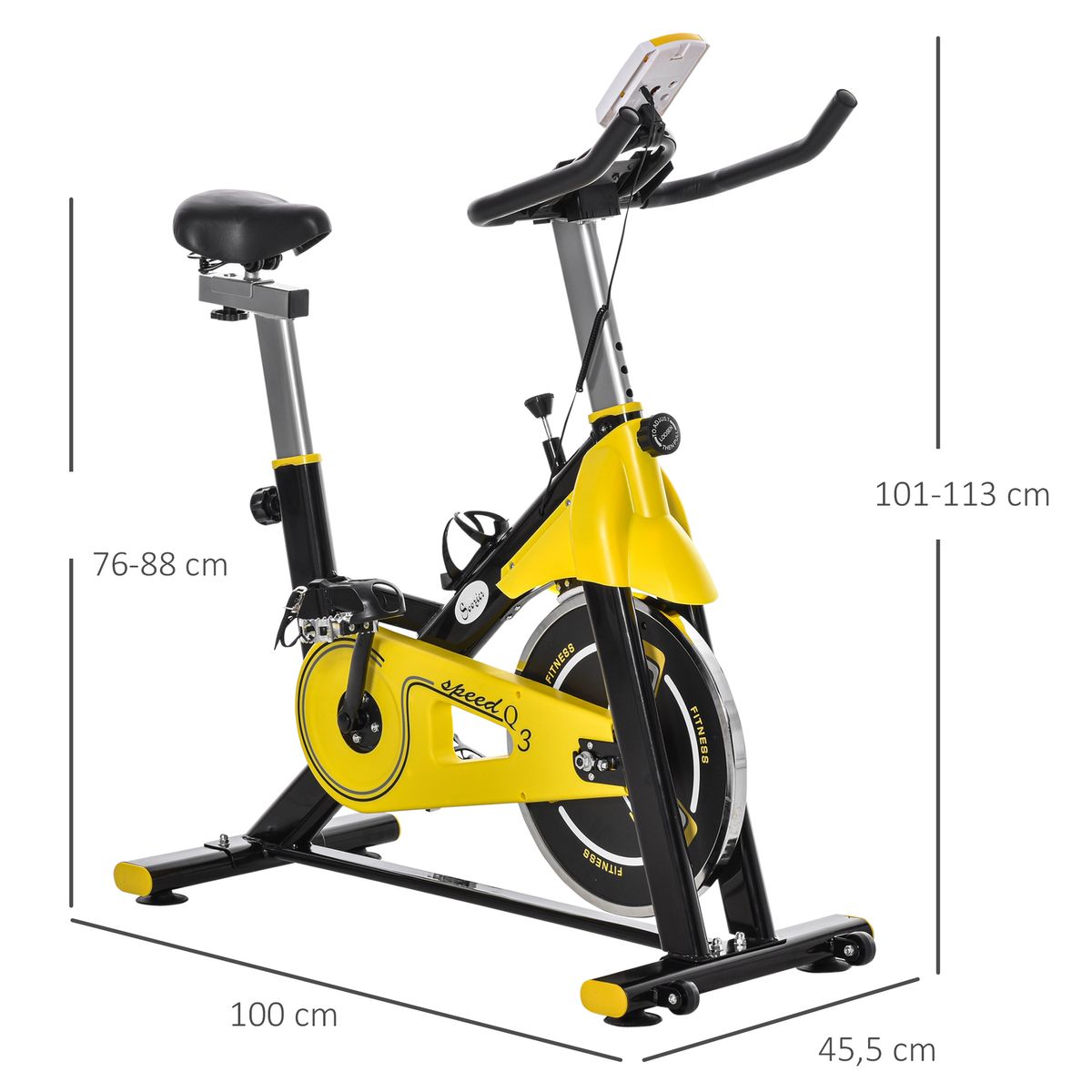 Bicicleta estática Homcom resistencia regulable 150kg amarillo/negro medidas