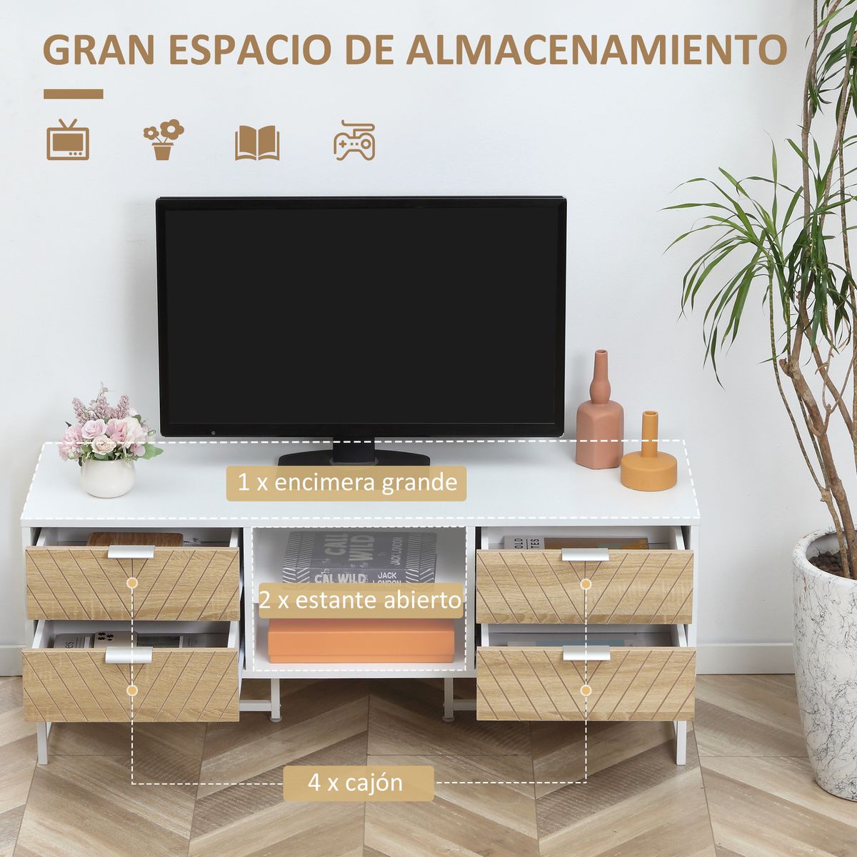 Mueble de TV Paraiso Homcom 4 cajones + 2 estantes roble/blanco 48x120x39 cm