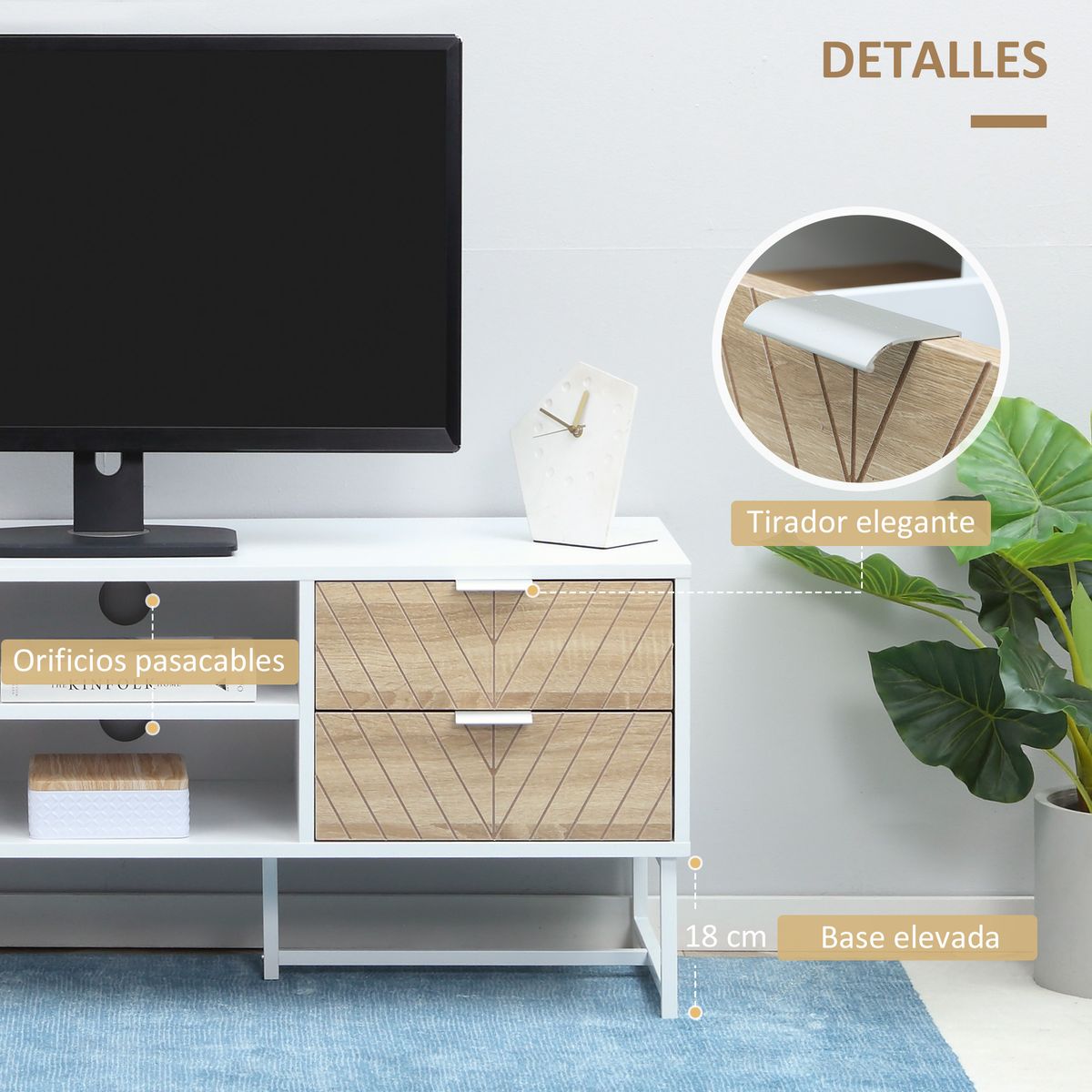 Mueble de TV Paraiso Homcom 4 cajones + 2 estantes roble/blanco 48x120x39 cm