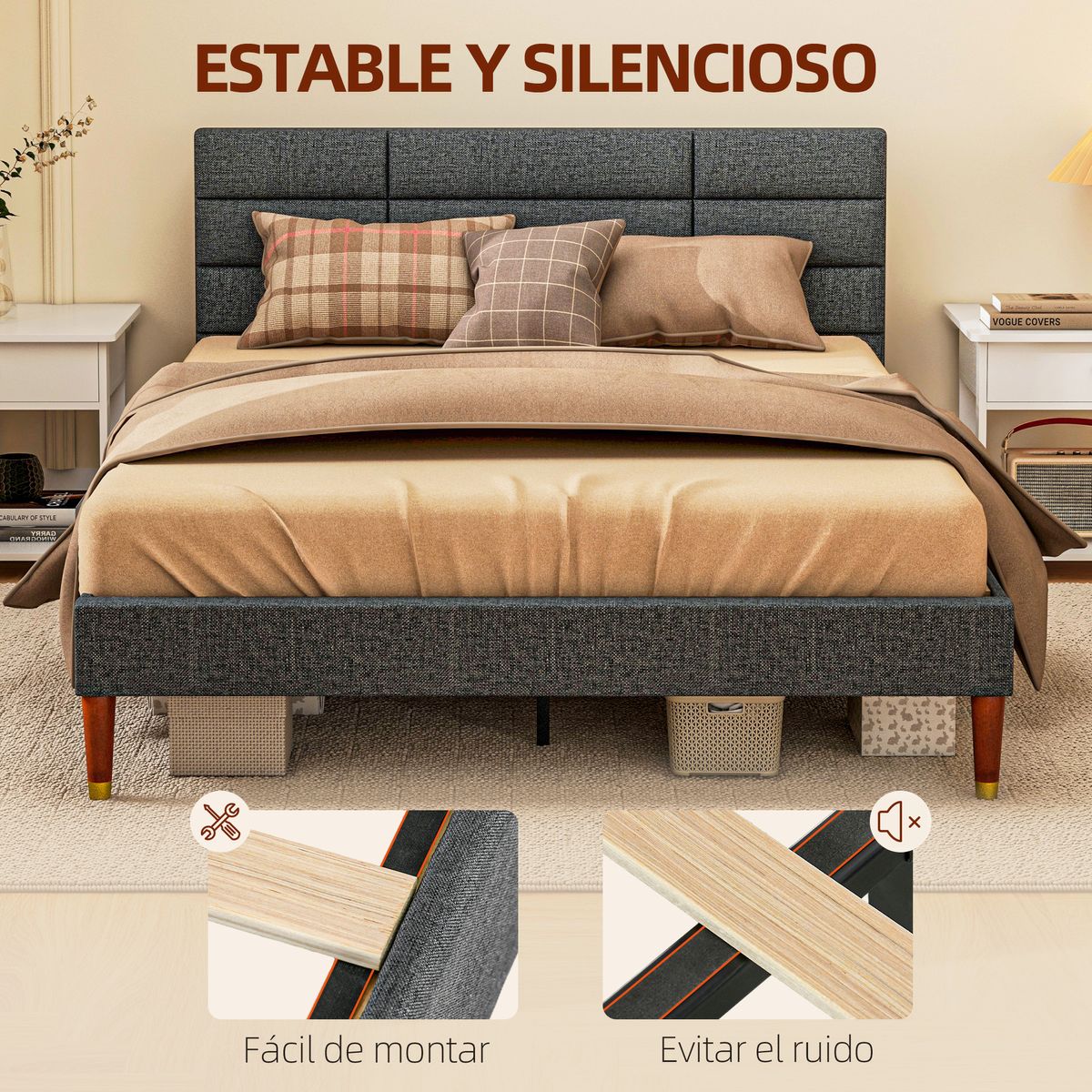 Estructura de cama Hand Homcom con cabecero gris 140x200 cm