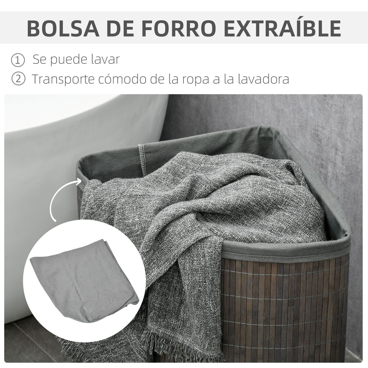 Cesto de ropa sucia Nervión Homcom bambú esquinero con tapa gris 57x38x38 cm