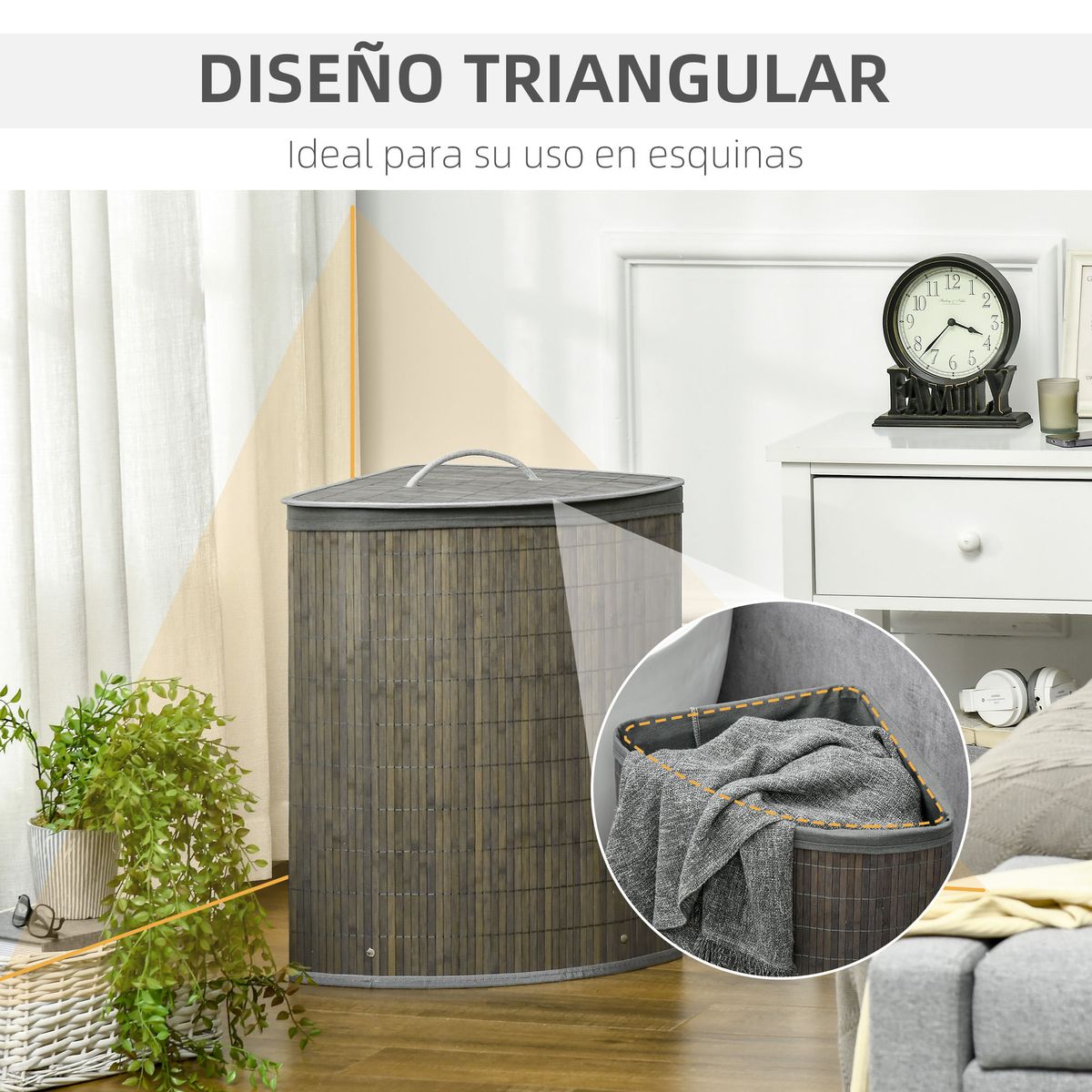 Cesto de ropa sucia Nervión Homcom bambú esquinero con tapa gris 57x38x38 cm