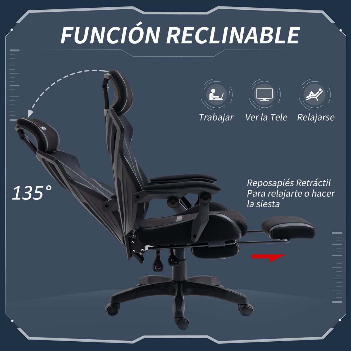 Silla gaming Universe Vinsetto reclinable + reposapiés retráctil negro 119-129x65x65 cm