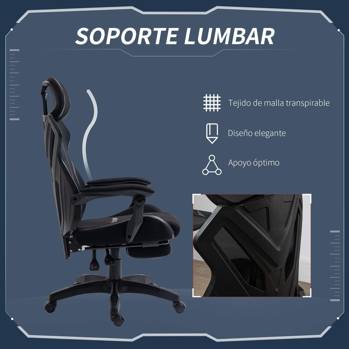Silla gaming Universe Vinsetto reclinable + reposapiés retráctil negro 119-129x65x65 cm