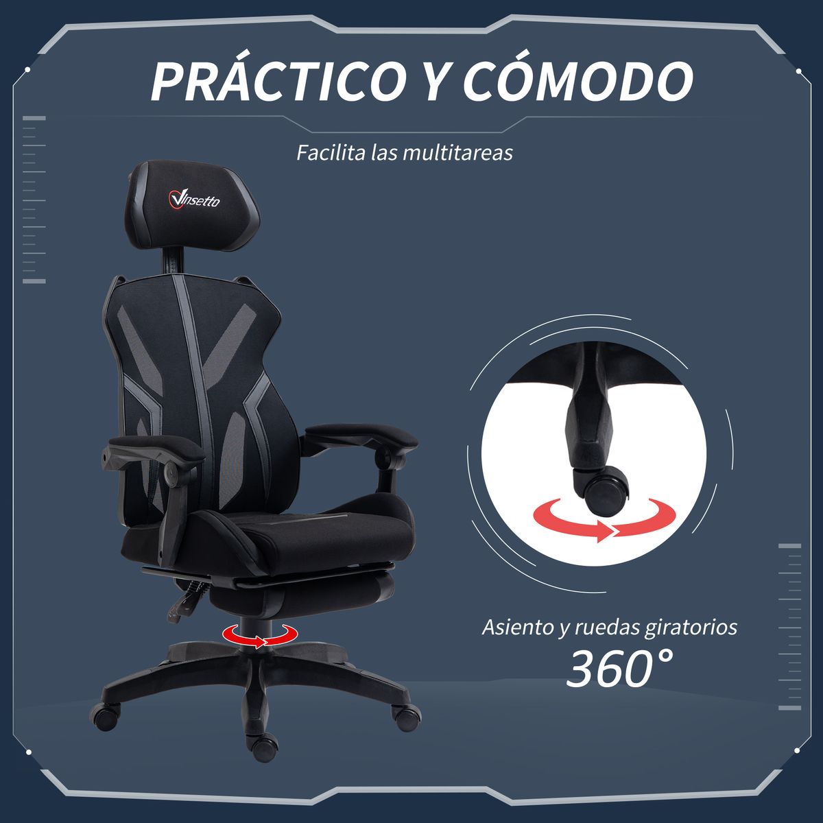 Silla gaming Universe Vinsetto reclinable + reposapiés retráctil negro 119-129x65x65 cm