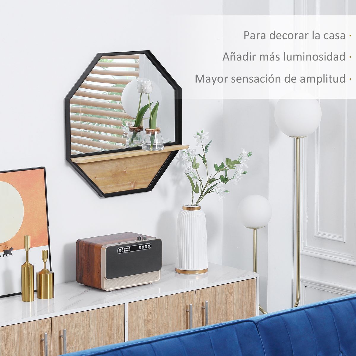 Espejo Octogal Homcom con estante negro 61x61x8,4 cm