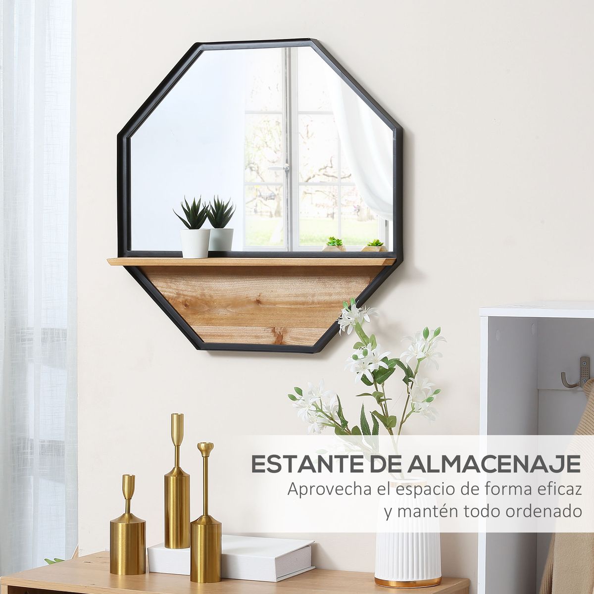 Espejo Octogal Homcom con estante negro 61x61x8,4 cm