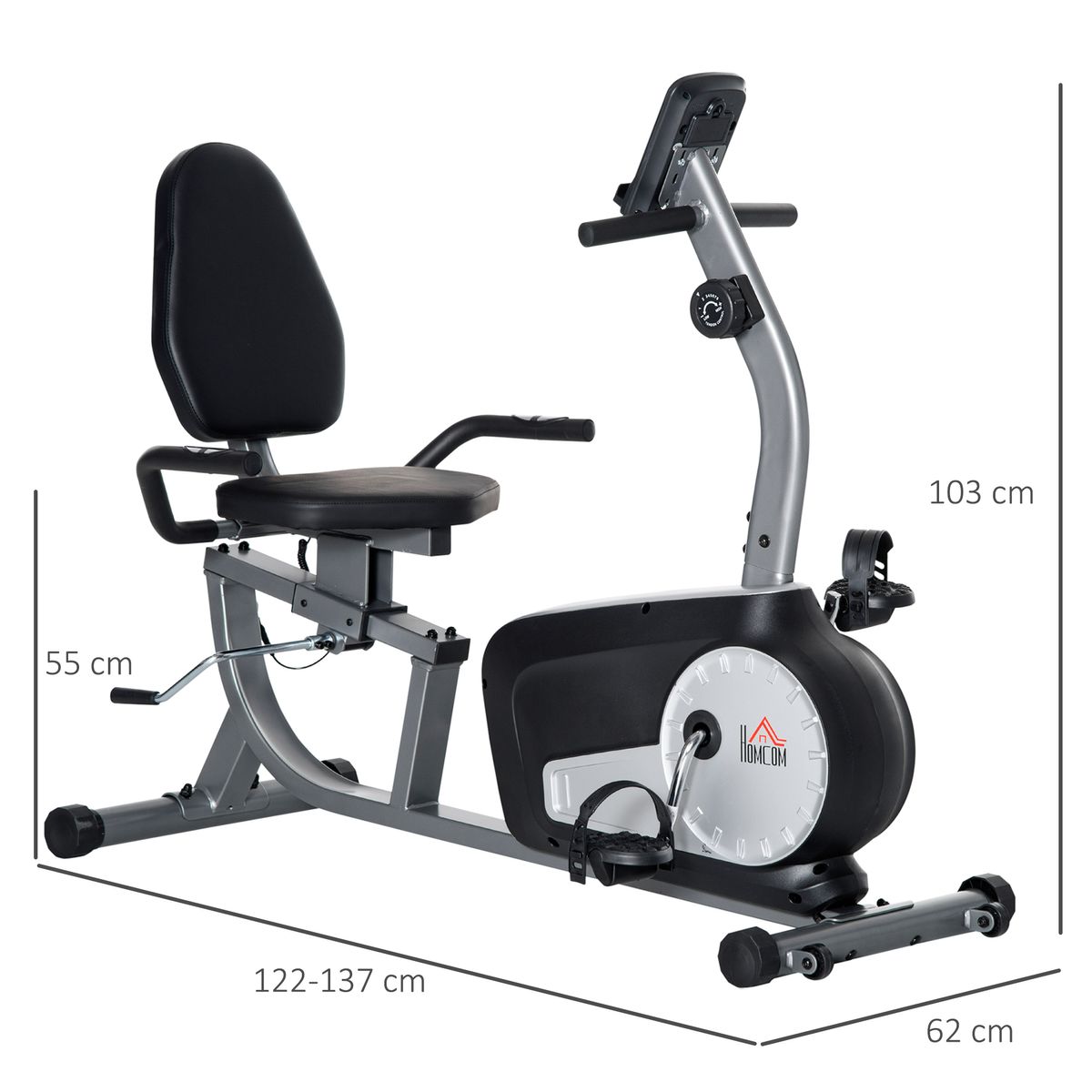 Bicicleta estática Homcom 8 niveles ajustables con respaldo gris medidas