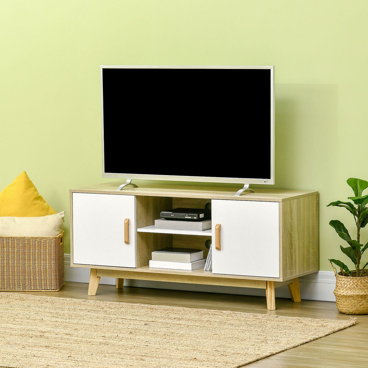 Mueble de TV Marea Homcom 2 armarios + 2 estantes natural/blanco 55x120x40 cm animada