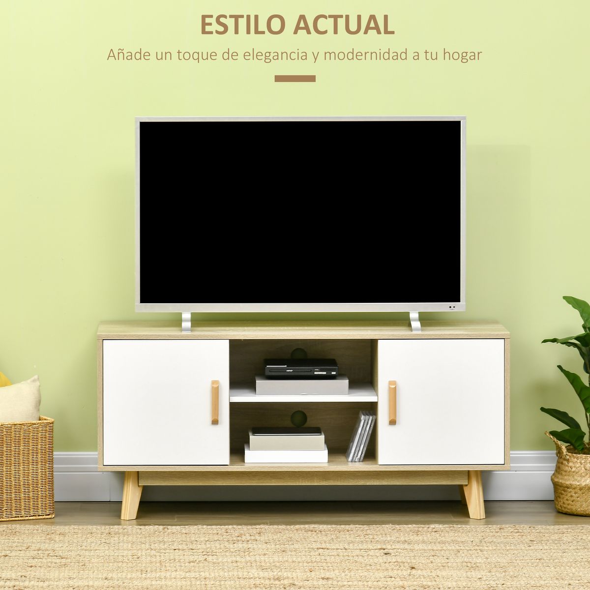Mueble de TV Marea Homcom 2 armarios + 2 estantes natural/blanco 55x120x40 cm