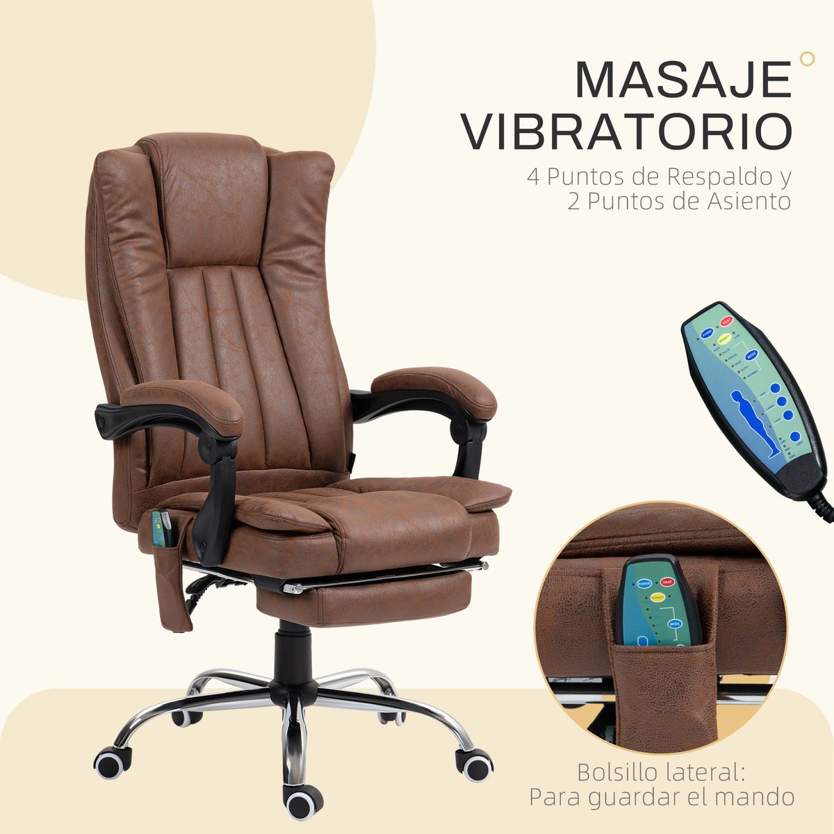 Silla de oficina Helecho Vinsetto 6 puntos de masaje + reposapiés + mando marrón 113-120x62x70 cm
