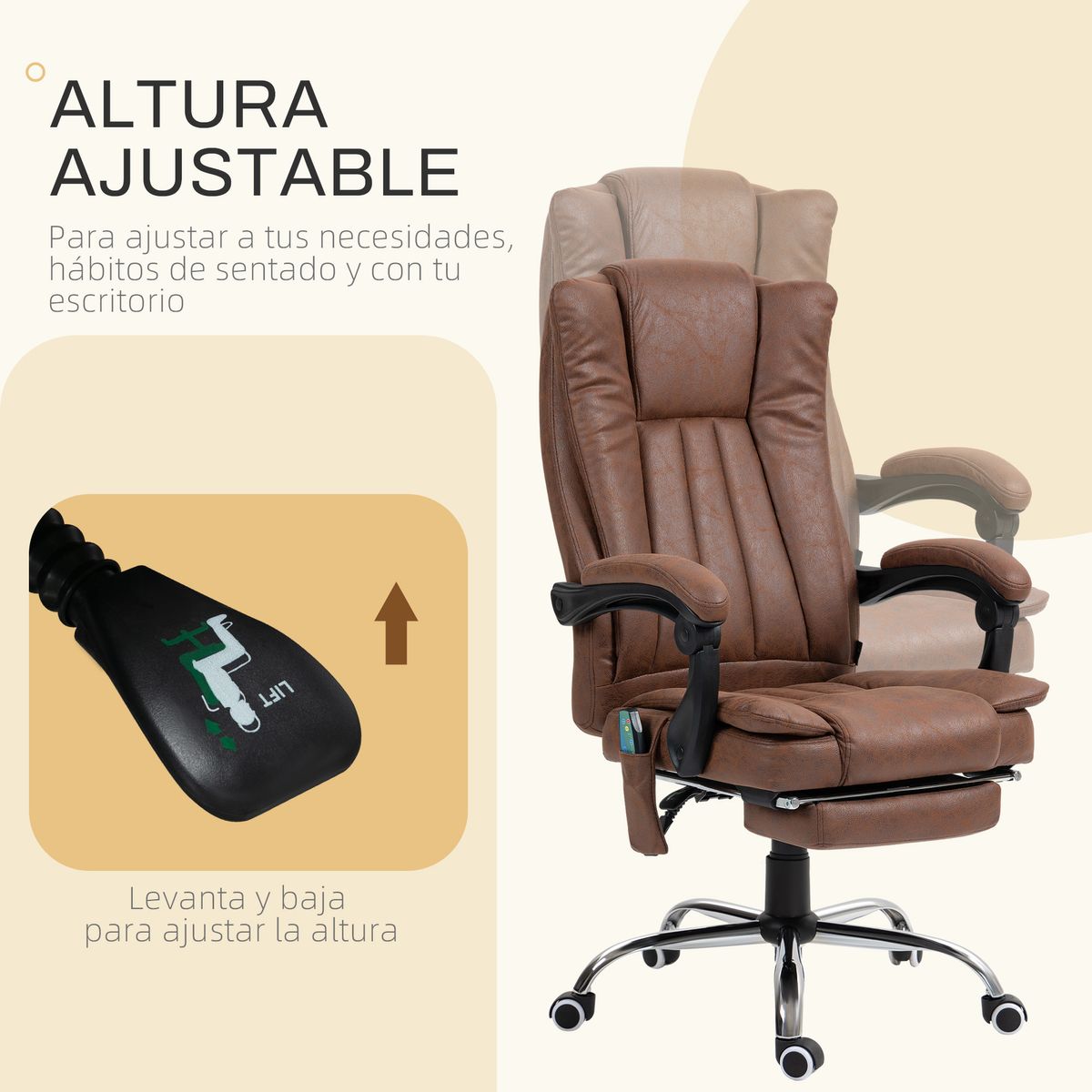 Silla de oficina Helecho Vinsetto 6 puntos de masaje + reposapiés + mando marrón 113-120x62x70 cm