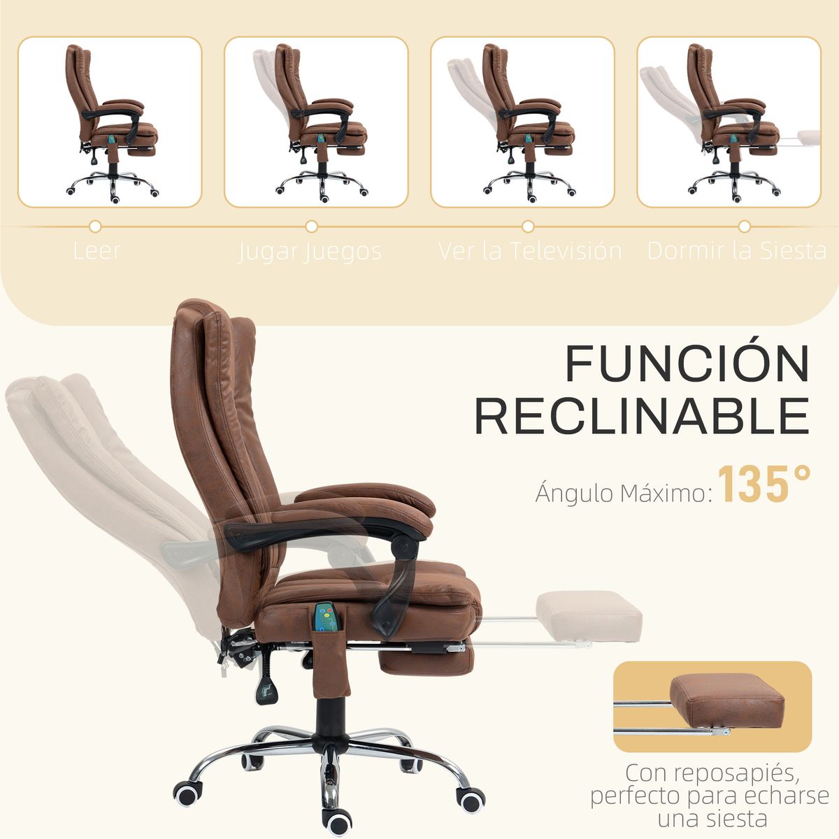 Silla de oficina Helecho Vinsetto 6 puntos de masaje + reposapiés + mando marrón 113-120x62x70 cm