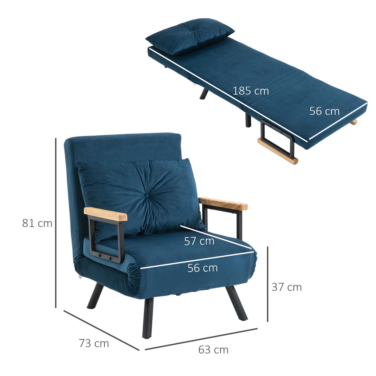 Sofá cama Júpiter Homcom individual diseño 4 en 1 azul 81x63x73 cm