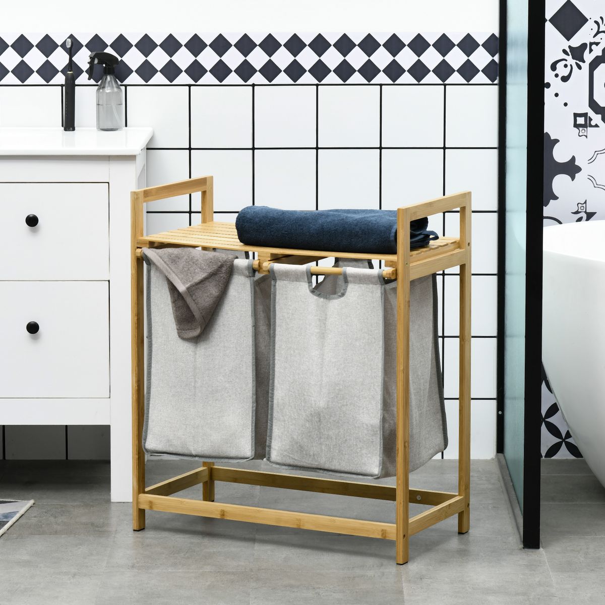 Cesto de ropa sucia Nalón Homcom bambú 2 compartimentos y estante superior gris/natural 73x33x64 cm