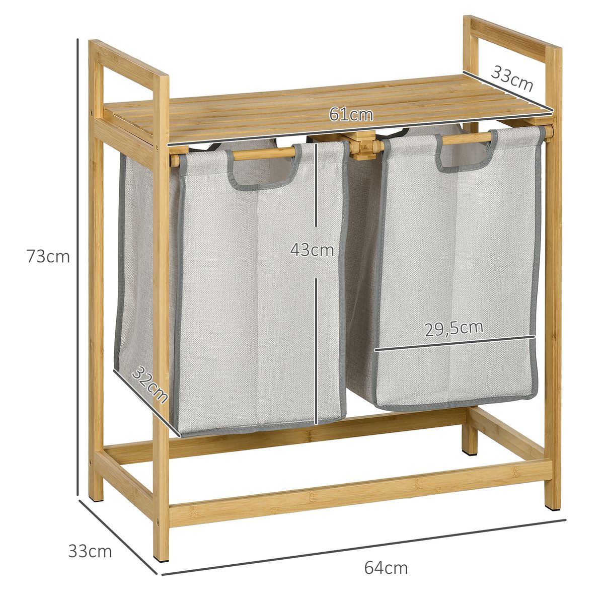 Cesto de ropa sucia Nalón Homcom bambú 2 compartimentos y estante superior gris/natural 73x33x64 cm