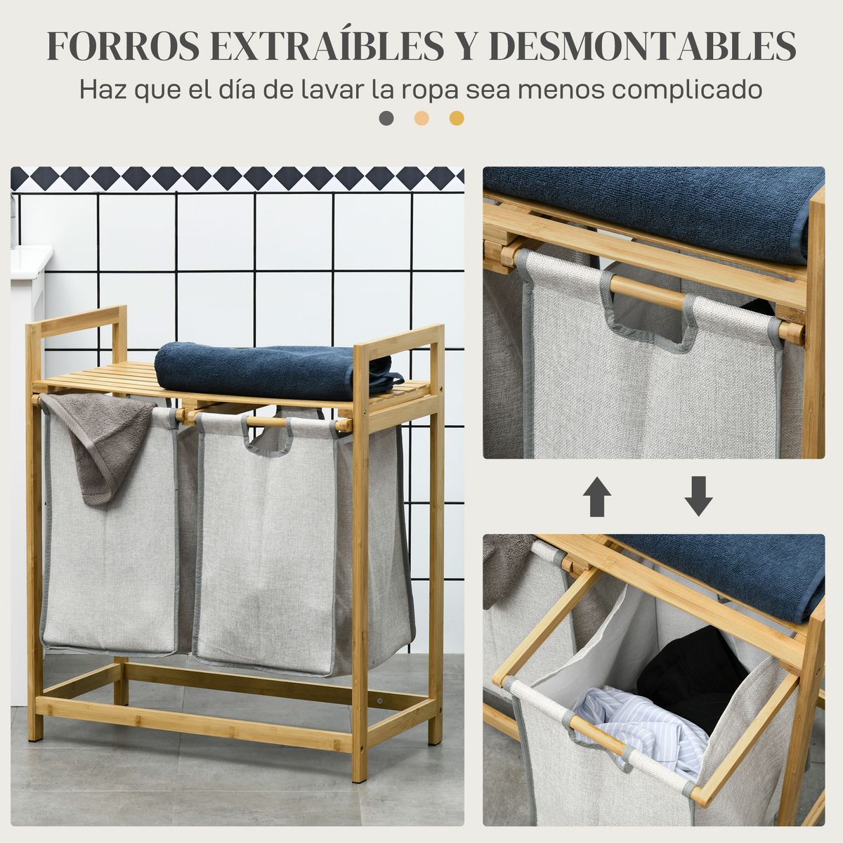 Cesto de ropa sucia Nalón Homcom bambú 2 compartimentos y estante superior gris/natural 73x33x64 cm