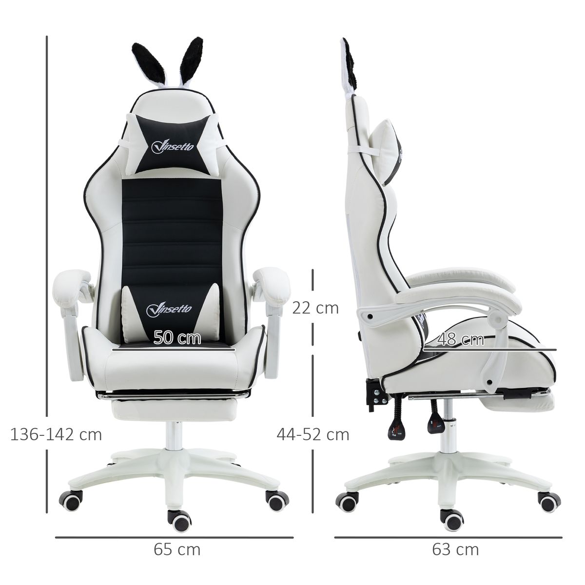 Silla gaming Rabbit Vinsetto reclinable + reposapiés retráctil + orejas de conejo blanco/negro 136-142x63x63 cm