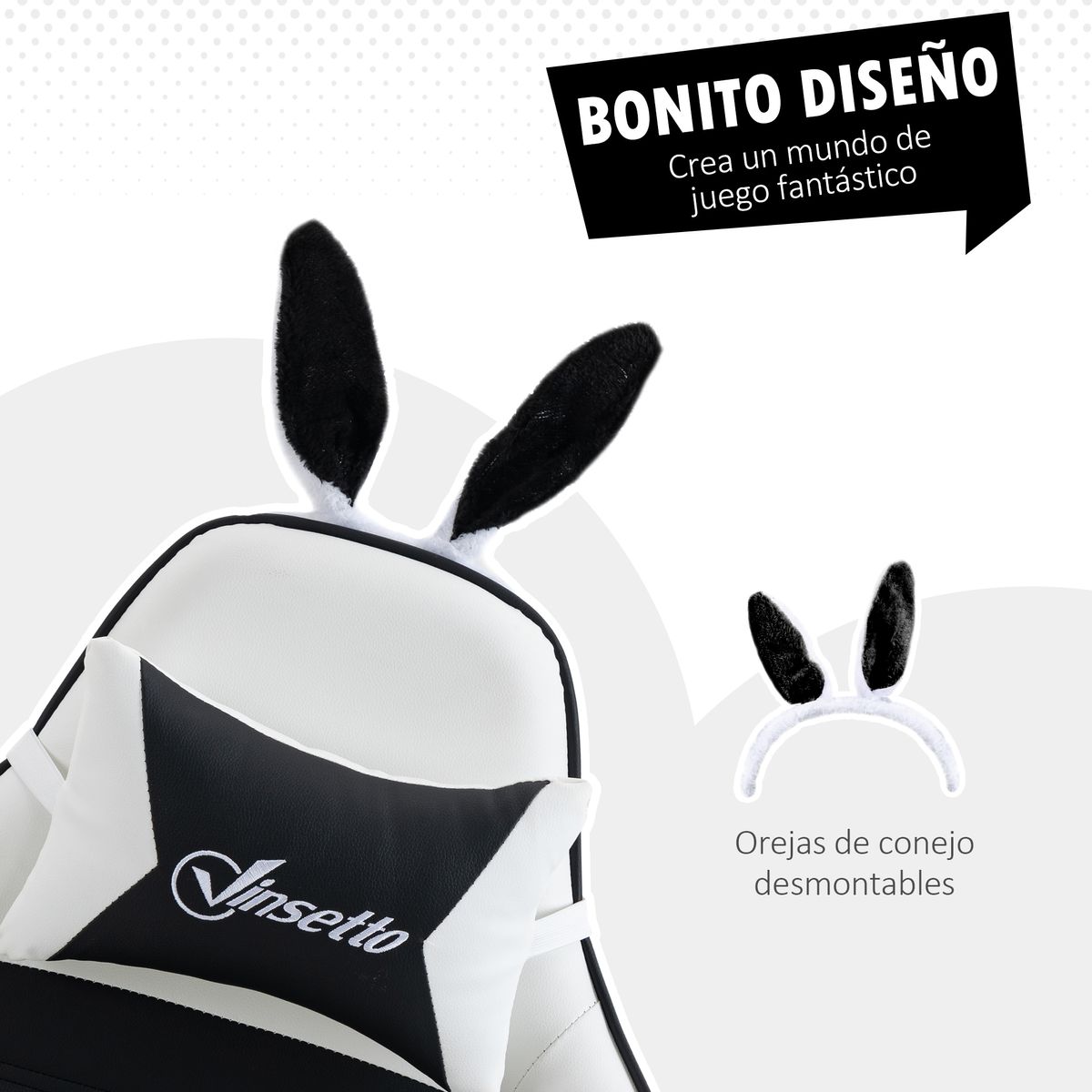 Silla gaming Rabbit Vinsetto reclinable + reposapiés retráctil + orejas de conejo blanco/negro 136-142x63x63 cm