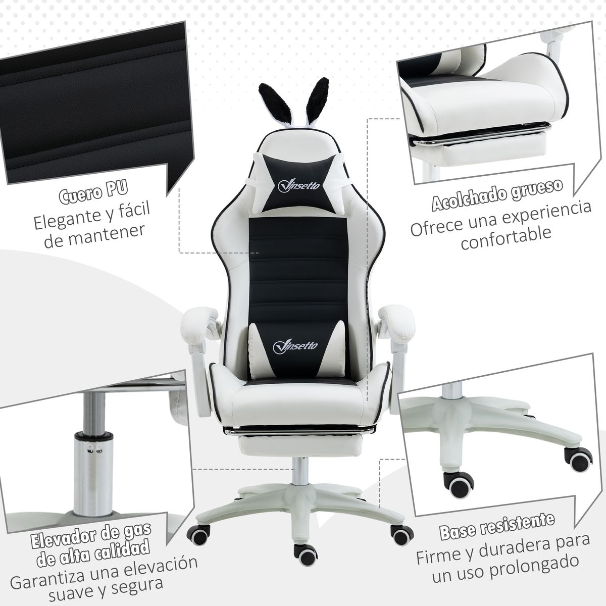 Silla gaming Rabbit Vinsetto reclinable + reposapiés retráctil + orejas de conejo blanco/negro 136-142x63x63 cm