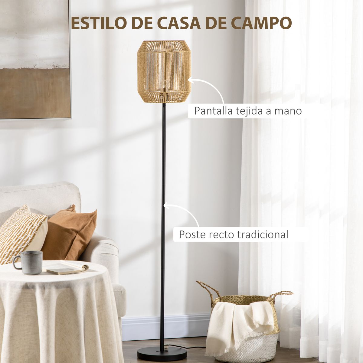 Lámpara de pie Homcom Hércules 40W E27 pantalla de cuerda de papel Ø26x158 cm negro