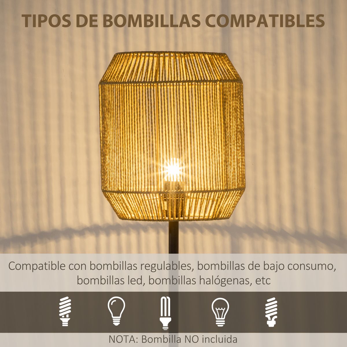 Lámpara de pie Homcom Hércules 40W E27 pantalla de cuerda de papel Ø26x158 cm negro