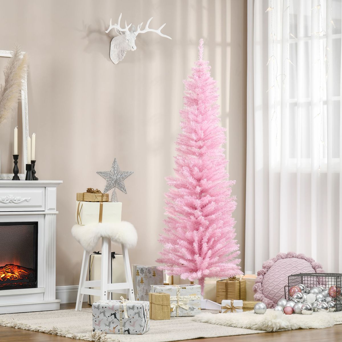 Árbol de Navidad Homcom 390 ramas rosa Ø55x180 cm animada