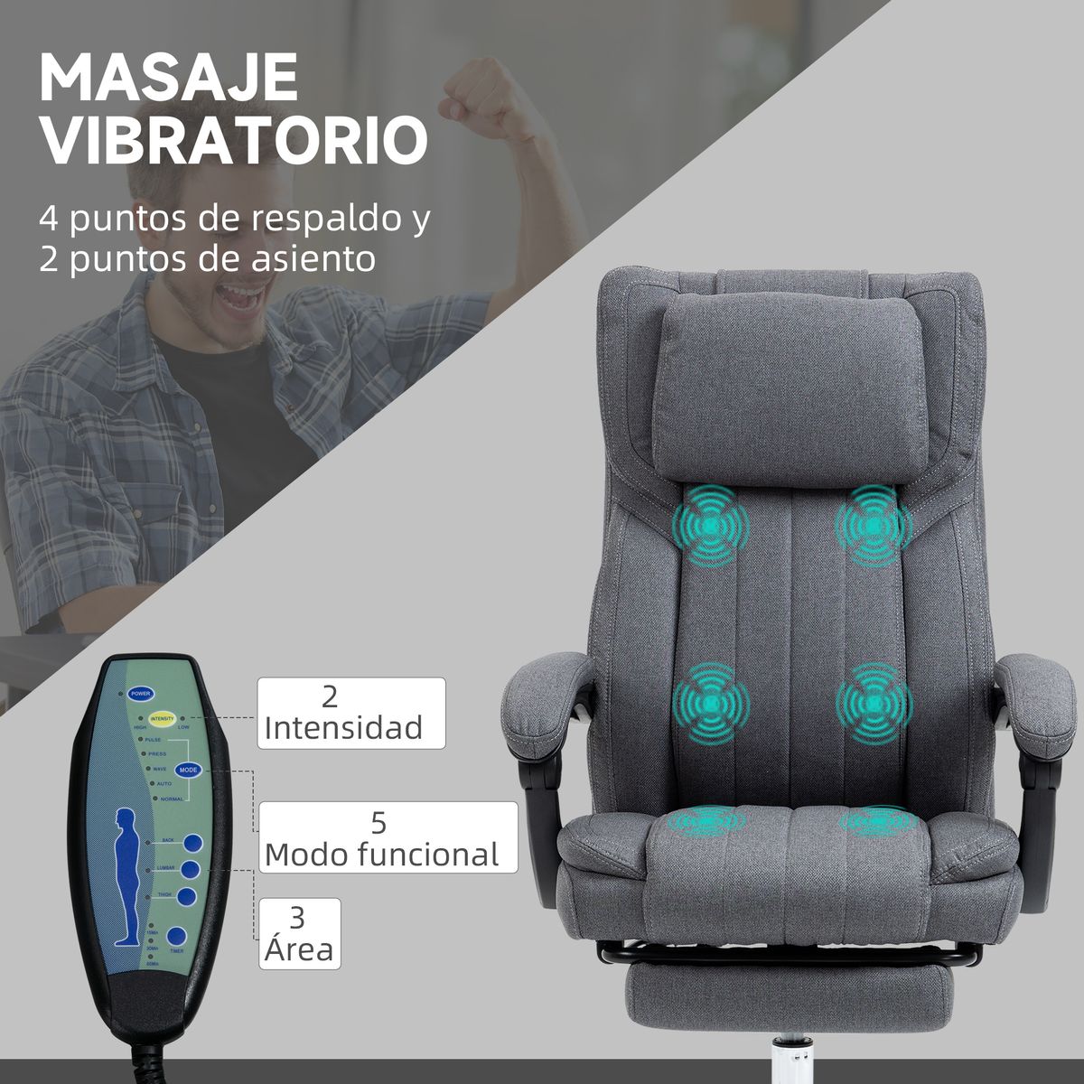 Silla de oficina Ficus Vinsetto 5 modos de masaje 3 áreas reclinable gris 105-113x61x65 cm