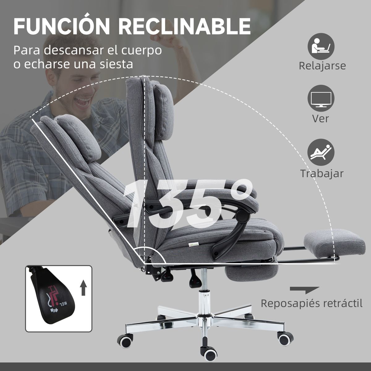 Silla de oficina Ficus Vinsetto 5 modos de masaje 3 áreas reclinable gris 105-113x61x65 cm