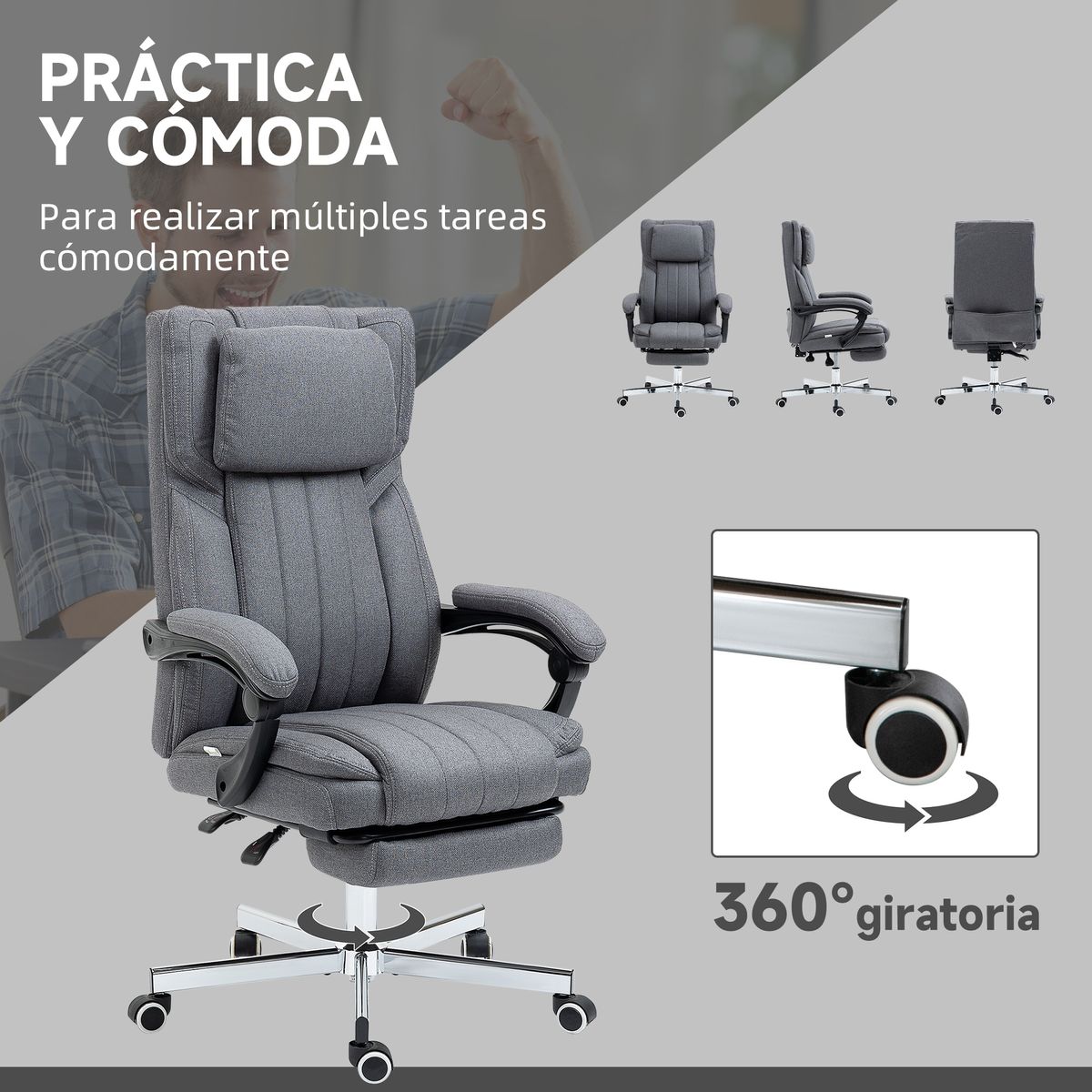 Silla de oficina Ficus Vinsetto 5 modos de masaje 3 áreas reclinable gris 105-113x61x65 cm
