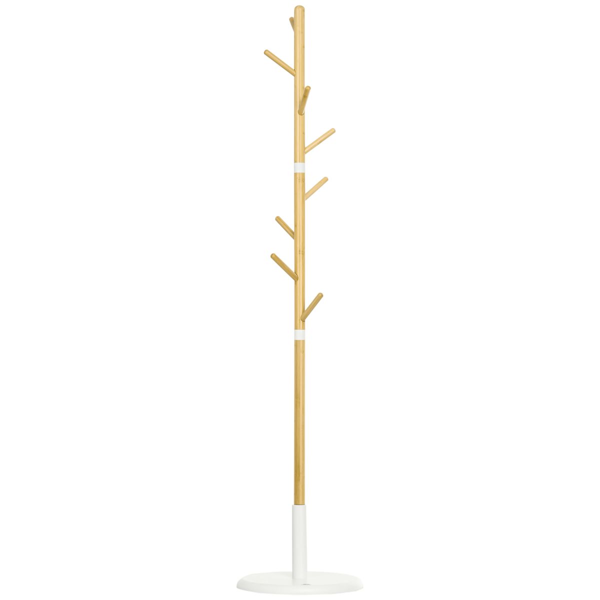 Perchero de píe Abeto Homcom 8 ganchos natural Ø37,8x175,6 cm fondo blanco