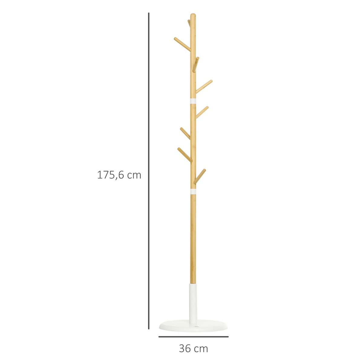 Perchero de píe Abeto Homcom 8 ganchos natural Ø37,8x175,6 cm medidas